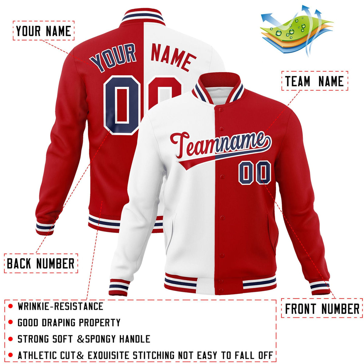 Custom White Red-Red Varsity Full-Snap Letterman Two Tone Split Fashion Jacket