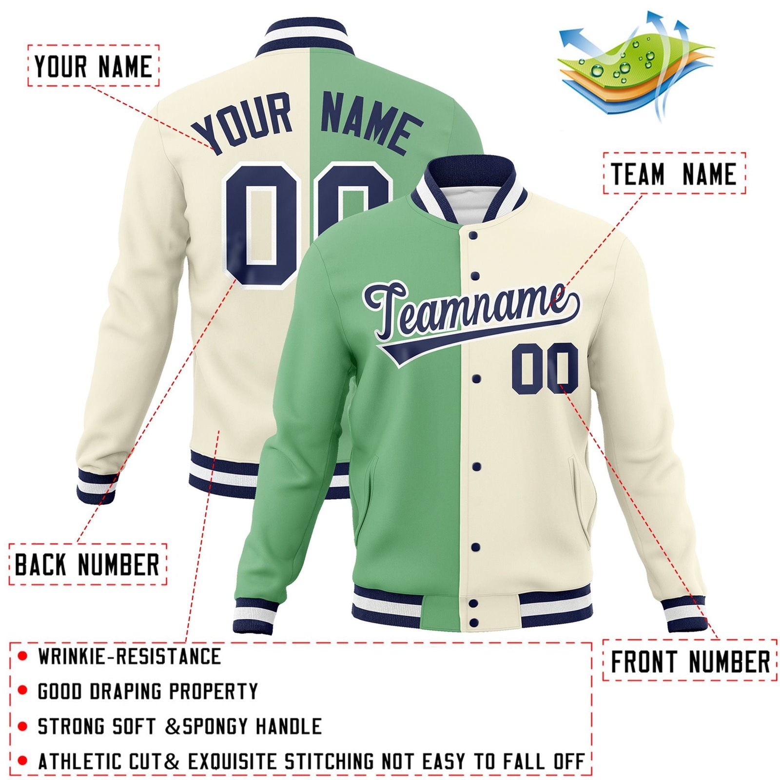 Custom Green Khaki-Navy Varsity Full-Snap Letterman Two Tone Split Fashion Jacket