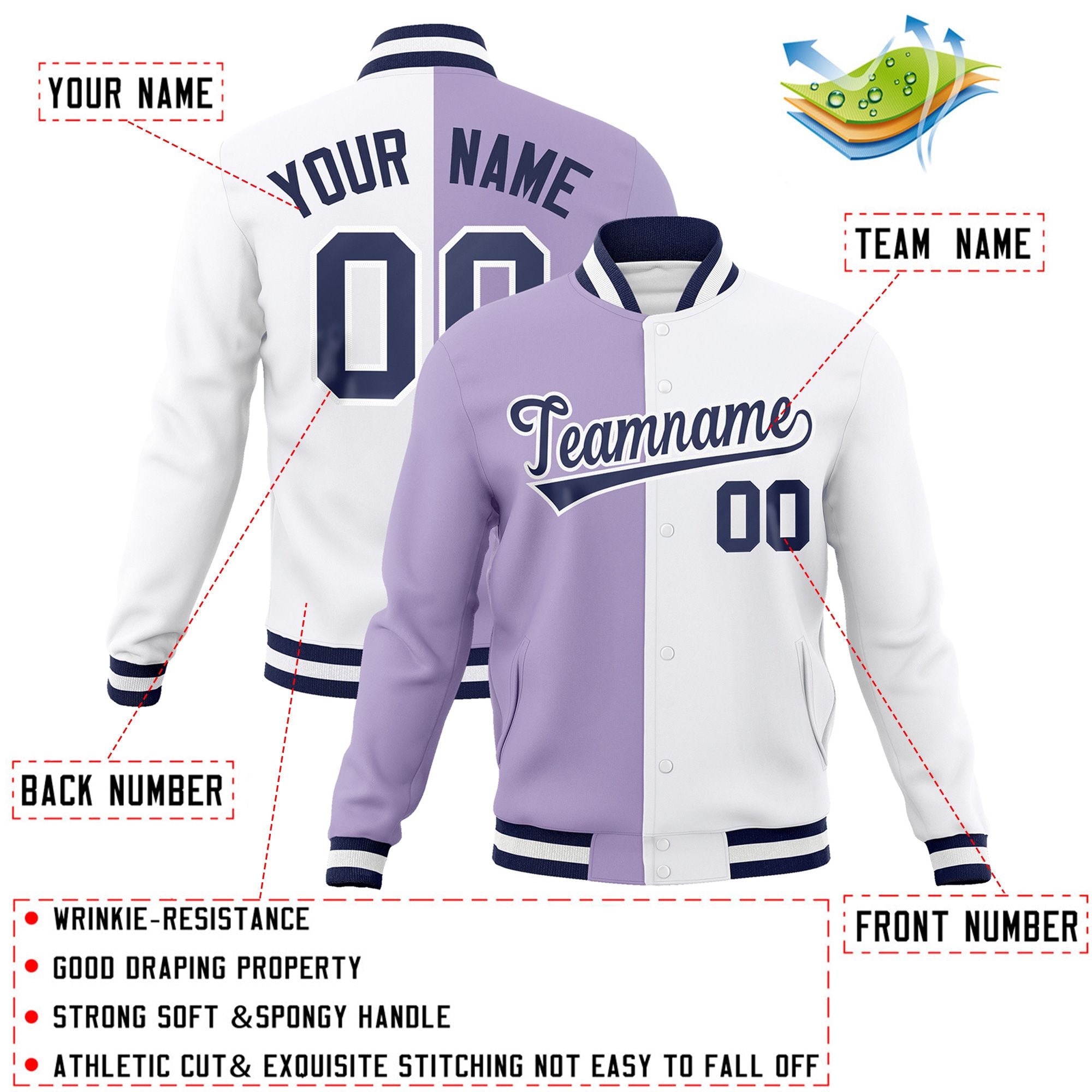 Custom Light Purple White-Navy Varsity Full-Snap Letterman Two Tone Split Fashion Jacket