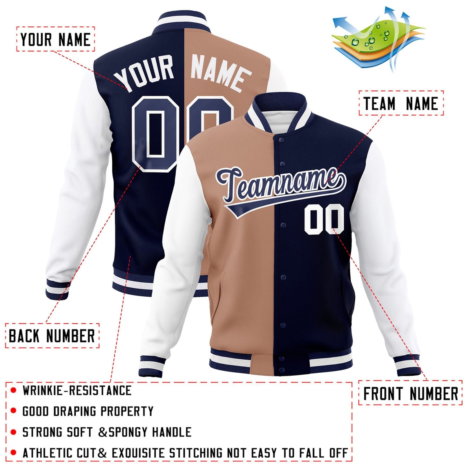 Custom Brown Navy-Navy Varsity Full-Snap Letterman Two Tone Split Fashion Jacket