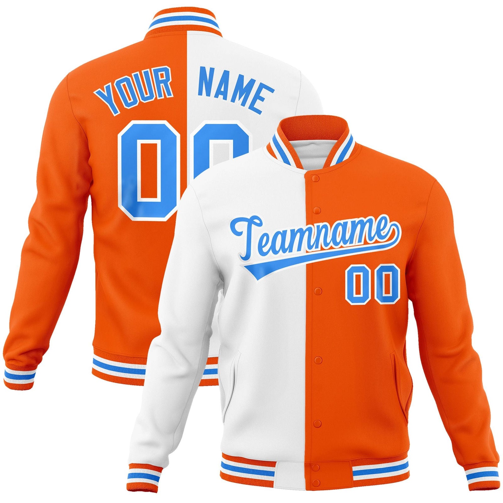 Custom White Orange-Powder Blue Varsity Full-Snap Letterman Two Tone Split Fashion Jacket