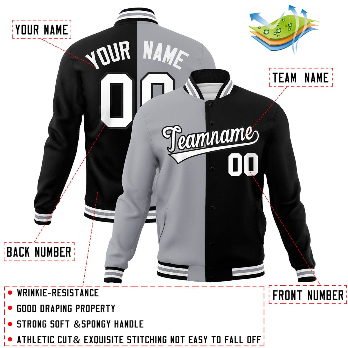 Custom Gray Black-White Varsity Full-Snap Letterman Two Tone Split Fashion Jacket