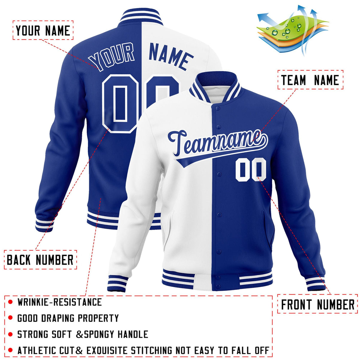 Custom White Royal-Royal Varsity Full-Snap Letterman Two Tone Split Fashion Jacket