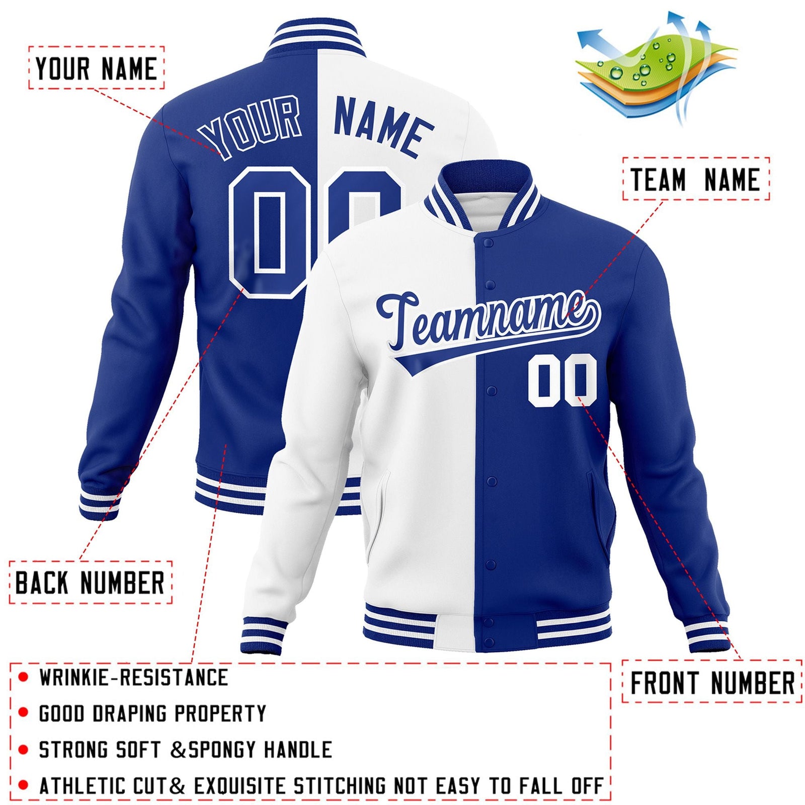 Custom White Royal-Royal Varsity Full-Snap Letterman Two Tone Split Fashion Jacket
