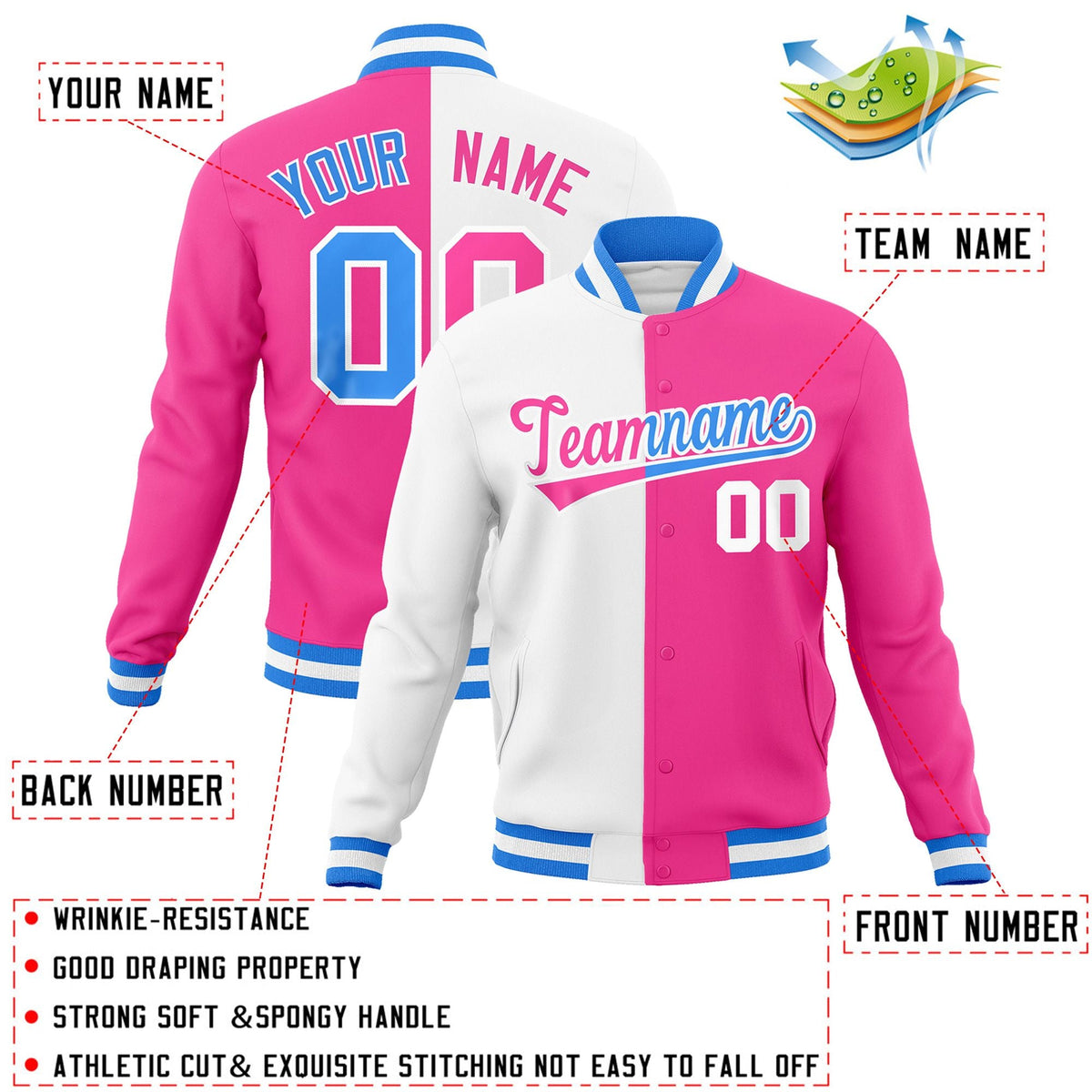 Custom White Pink-Pink Varsity Full-Snap Letterman Two Tone Split Fashion Jacket
