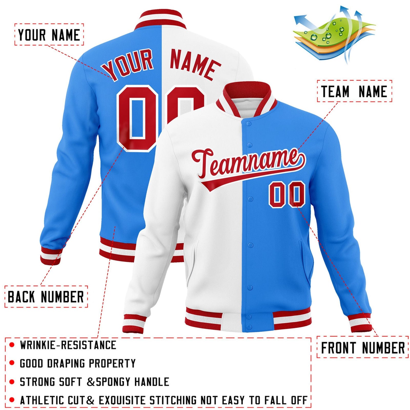 Custom White Powder Blue-Red Varsity Full-Snap Letterman Two Tone Split Fashion Jacket