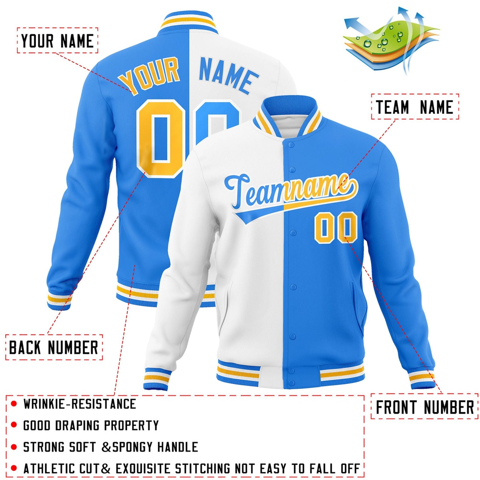 Custom White Powder Blue-Gold Varsity Full-Snap Letterman Two Tone Split Fashion Jacket