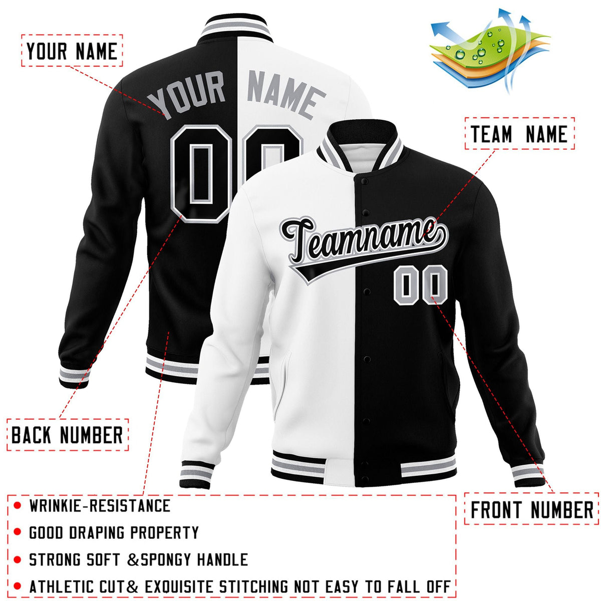 Custom White Black-Black Varsity Full-Snap Letterman Two Tone Split Fashion Jacket