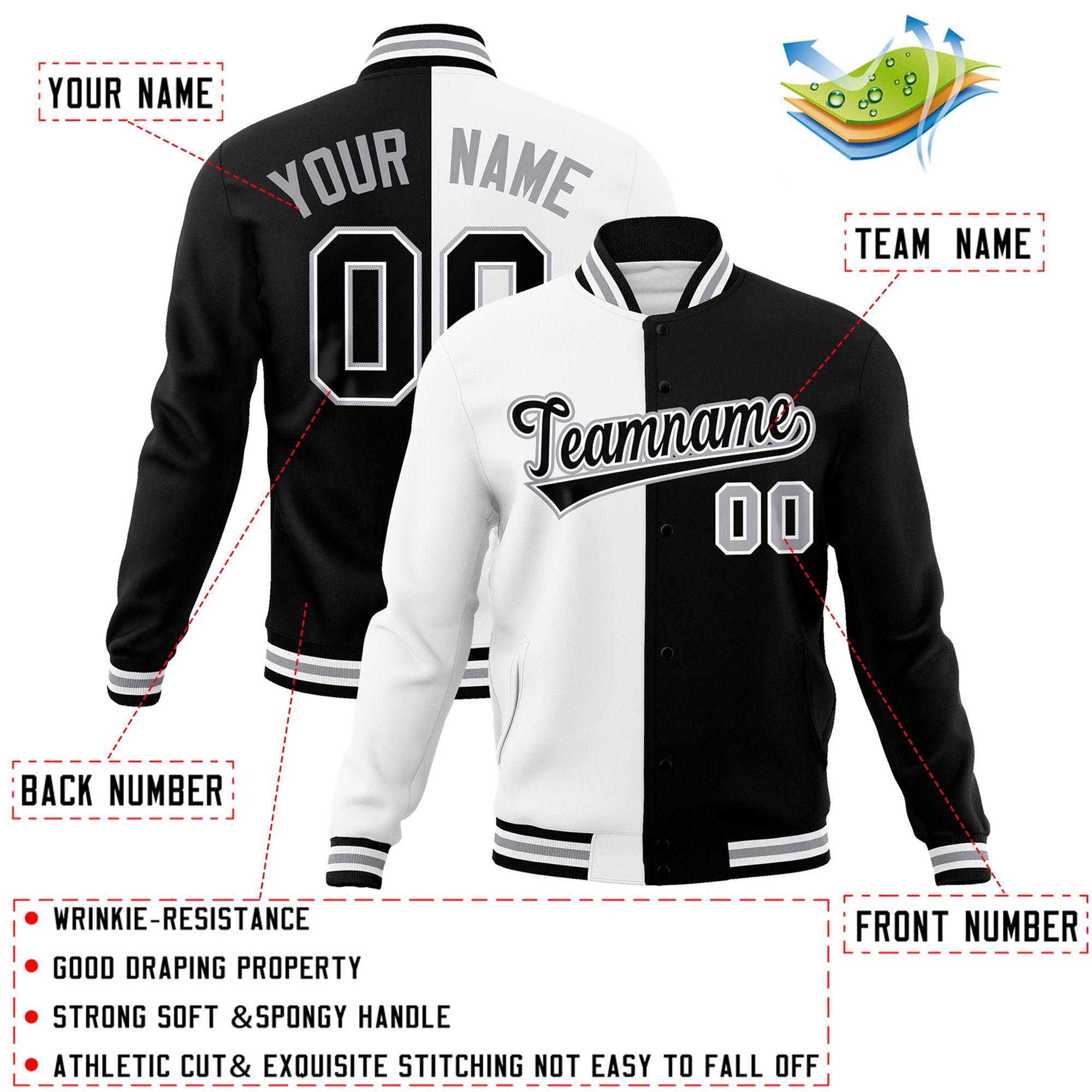 Custom White Black-Black Varsity Full-Snap Letterman Two Tone Split Fashion Jacket