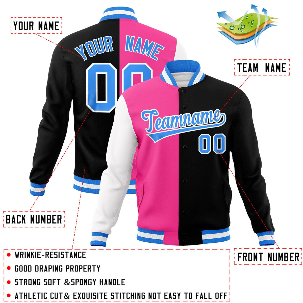 Custom Pink Black-Powder Blue Varsity Full-Snap Letterman Two Tone Split Fashion Jacket