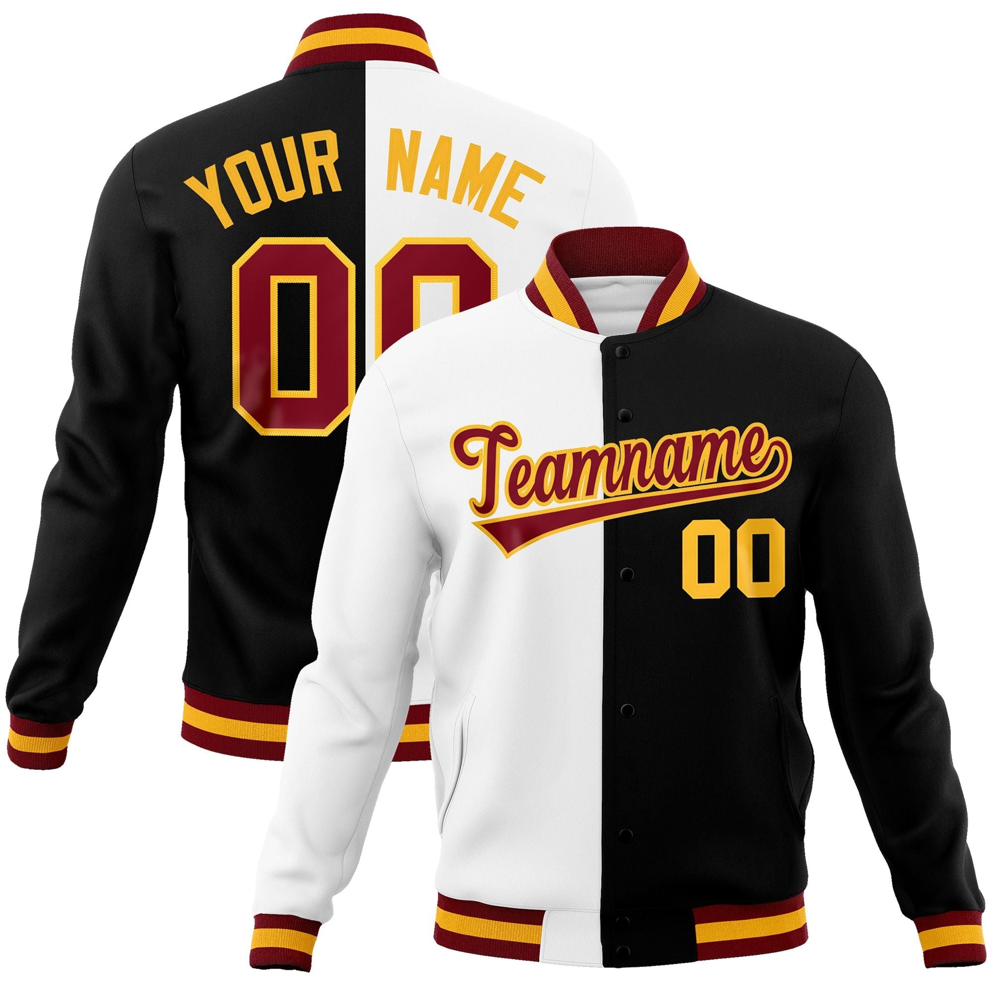 Custom White Black-Crimson Varsity Full-Snap Letterman Two Tone Split Fashion Jacket