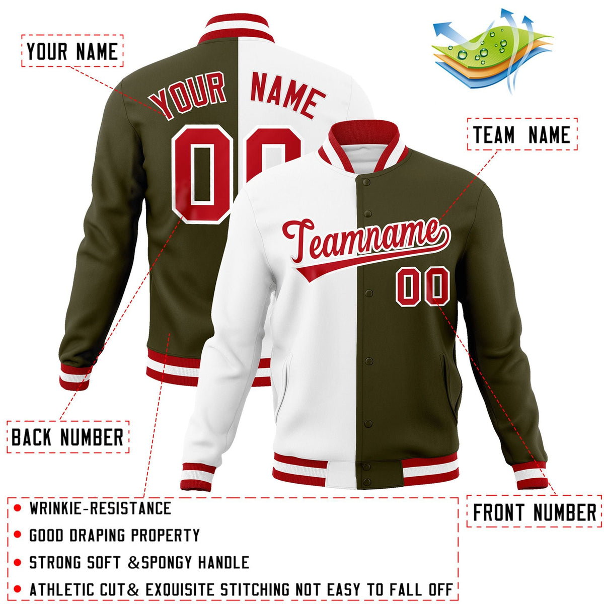 Custom White Olive-Red Varsity Full-Snap Letterman Two Tone Split Fashion Jacket