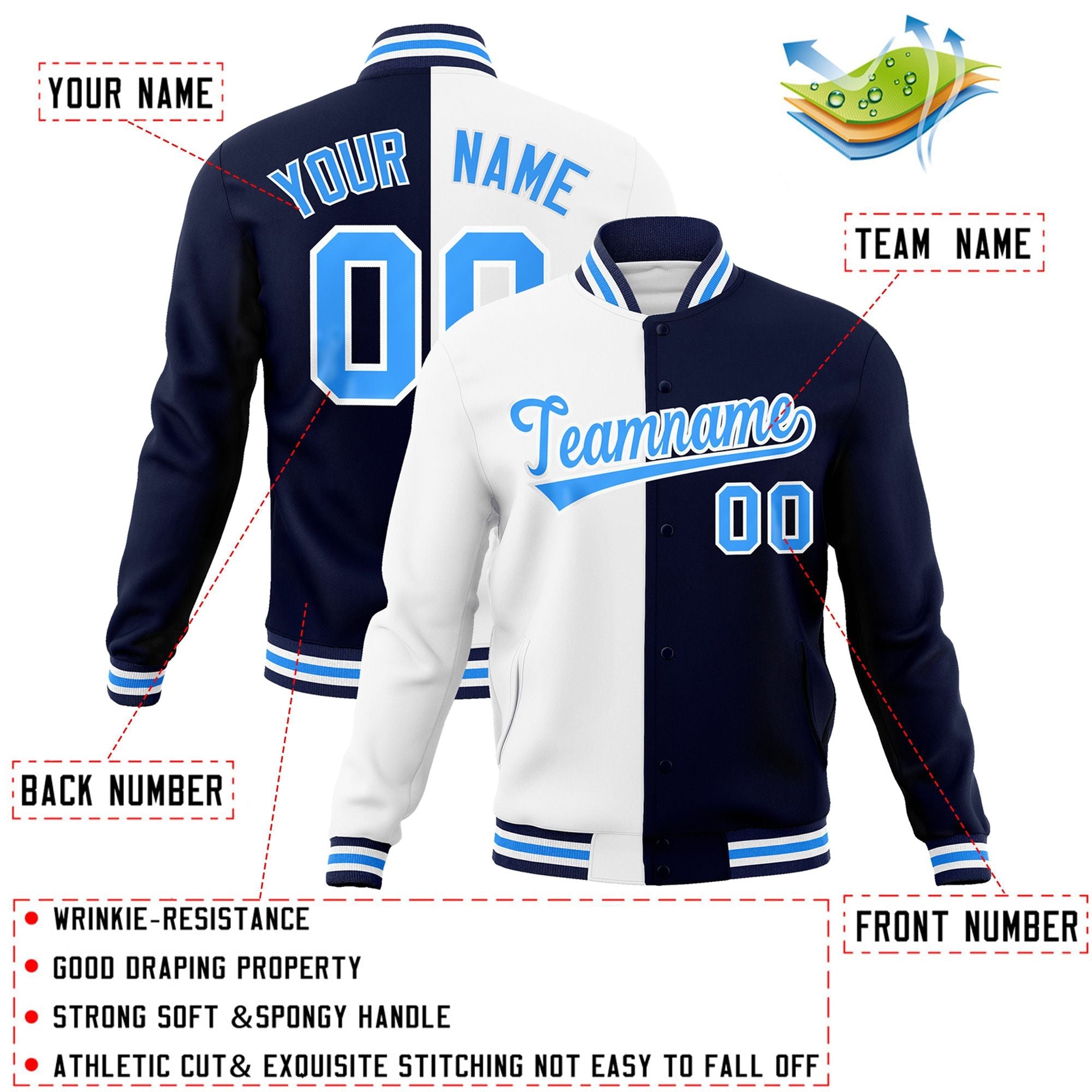 Custom White Navy-Powder Blue Varsity Full-Snap Letterman Two Tone Split Fashion Jacket