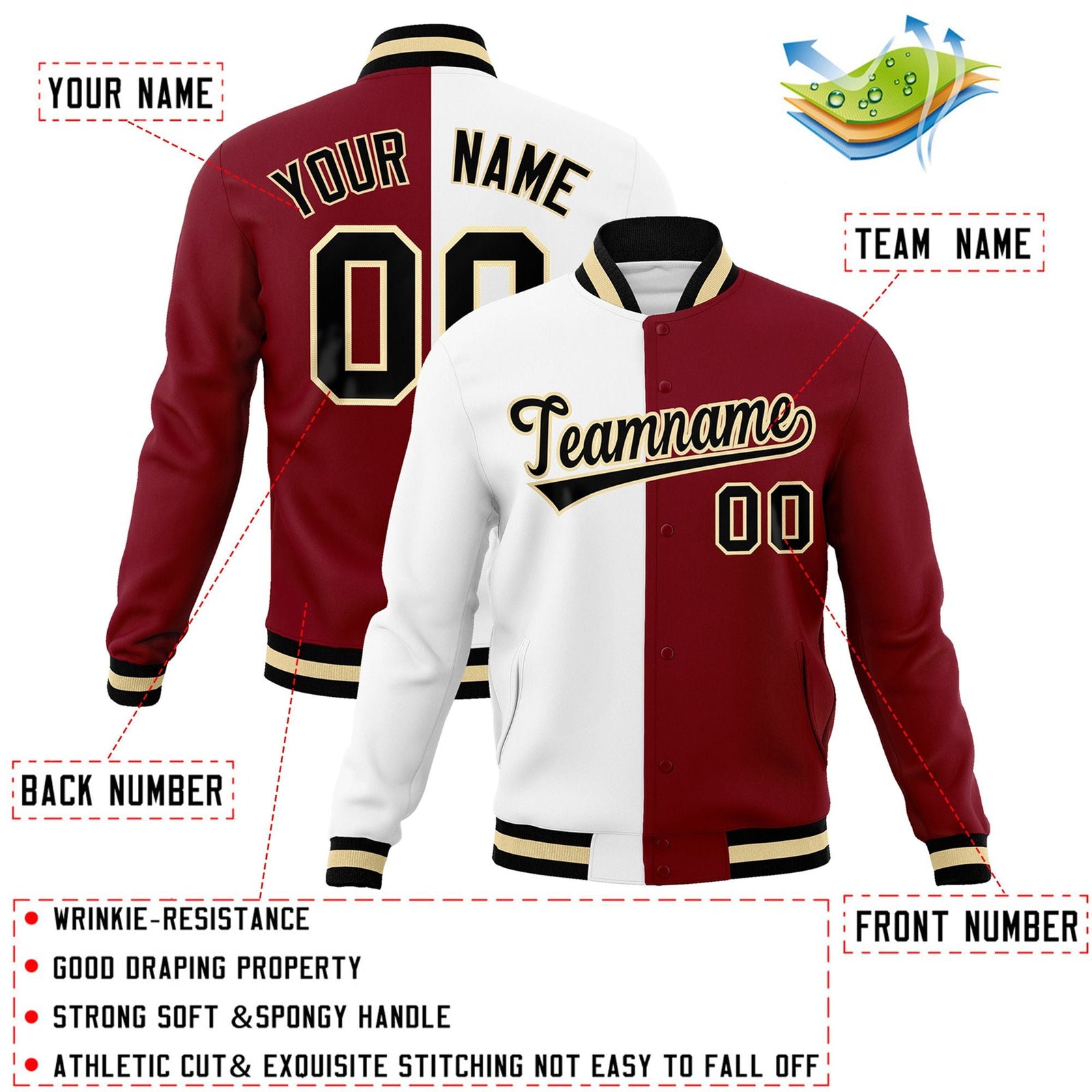 Custom White Crimson-Black Varsity Full-Snap Letterman Two Tone Split Fashion Jacket