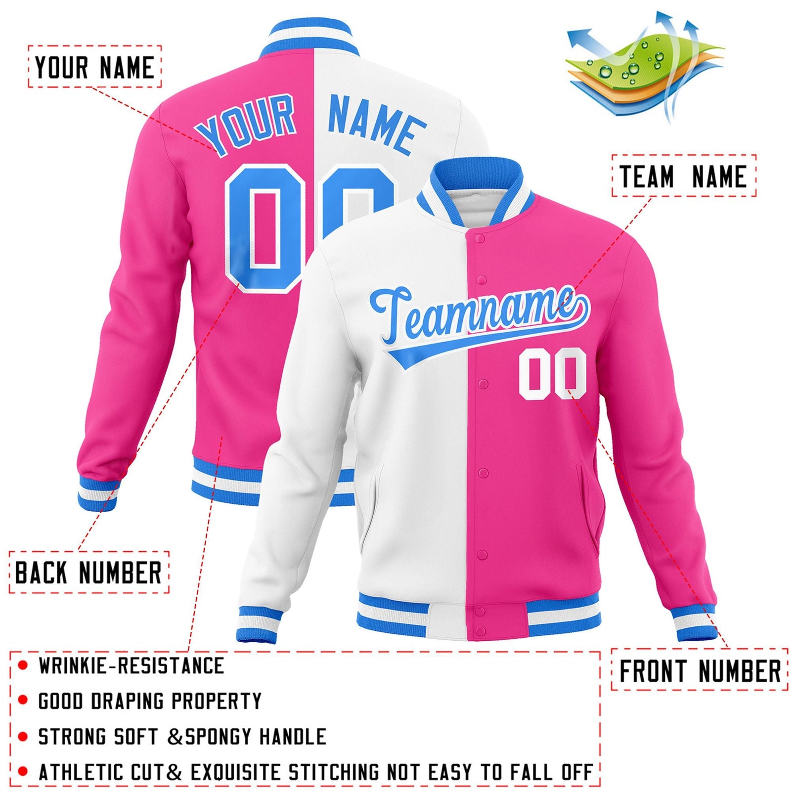 Custom White Pink-Powder Blue Varsity Full-Snap Letterman Two Tone Split Fashion Jacket