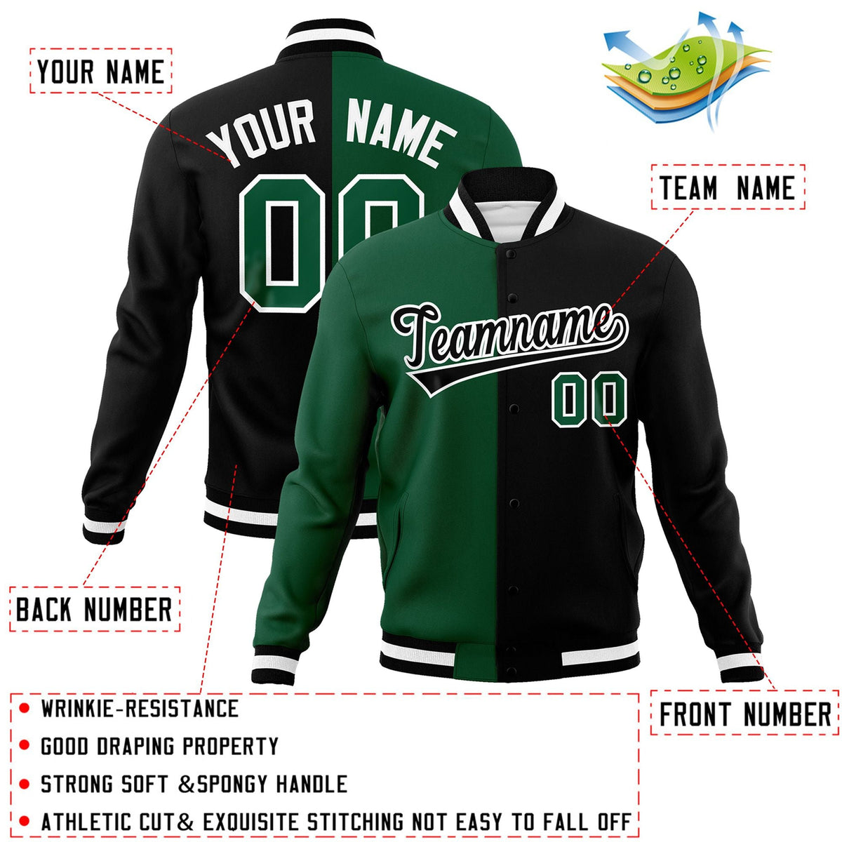 Custom Green Black-Black Varsity Full-Snap Letterman Two Tone Split Fashion Jacket