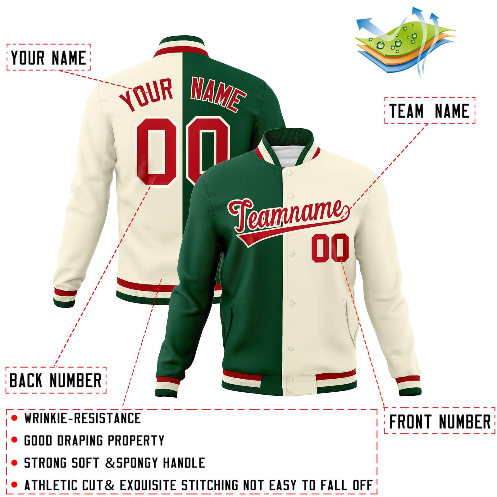 Custom Green Khaki-Red Varsity Full-Snap Letterman Two Tone Split Fashion Jacket