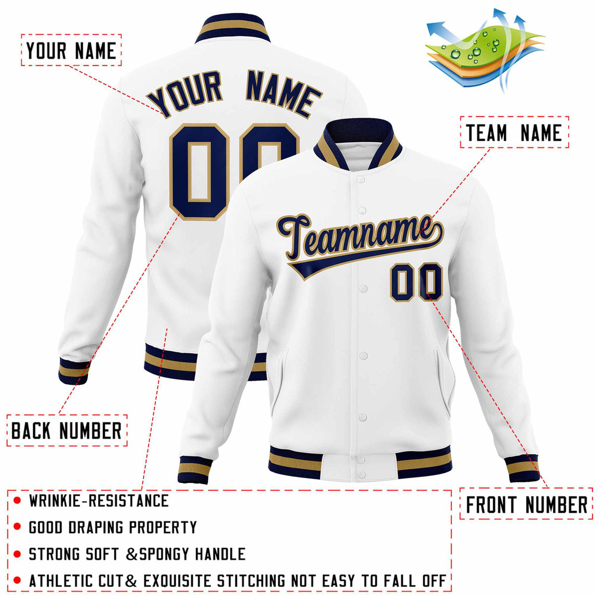 Custom White Navy-Old Gold Classic Style Varsity Full-Snap Letterman Jacket