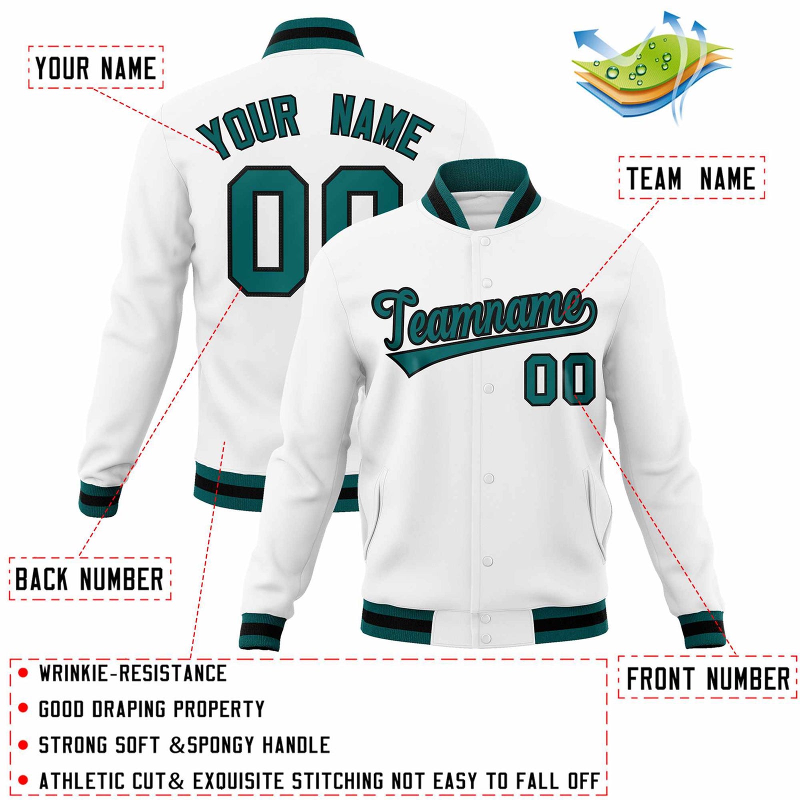 Custom White Aqua-Black Classic Style Varsity Full-Snap Letterman Jacket