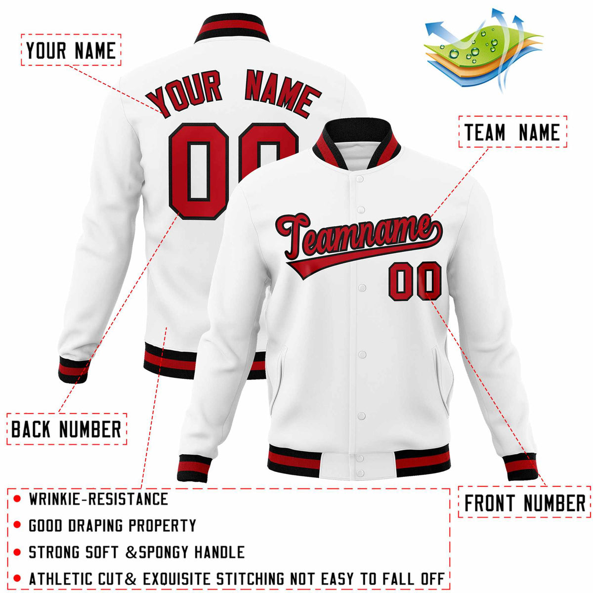 Custom White Red-Black Classic Style Varsity Full-Snap Letterman Jacket