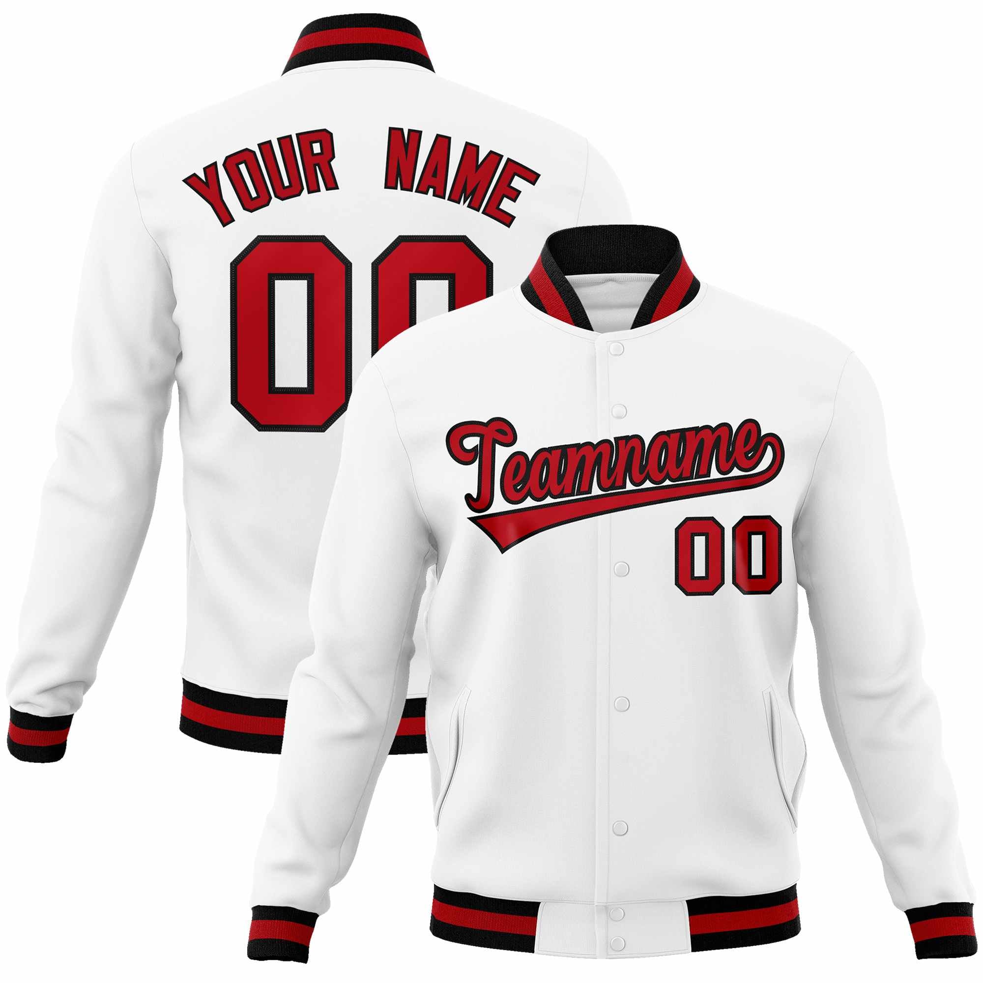 Custom White Red-Black Classic Style Varsity Full-Snap Letterman Jacket