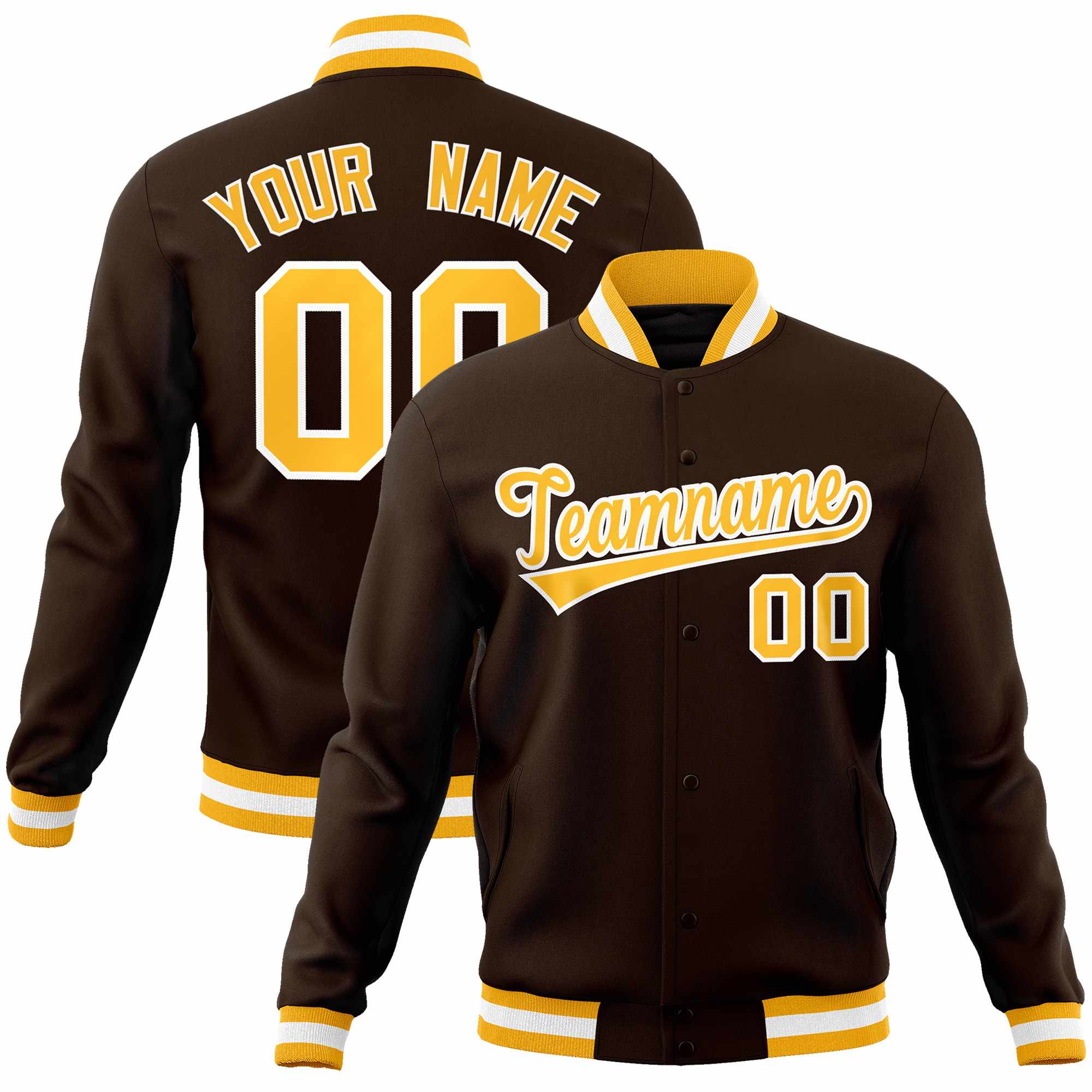 Custom Brown Yellow-White Classic Style Varsity Full-Snap Letterman Jacket