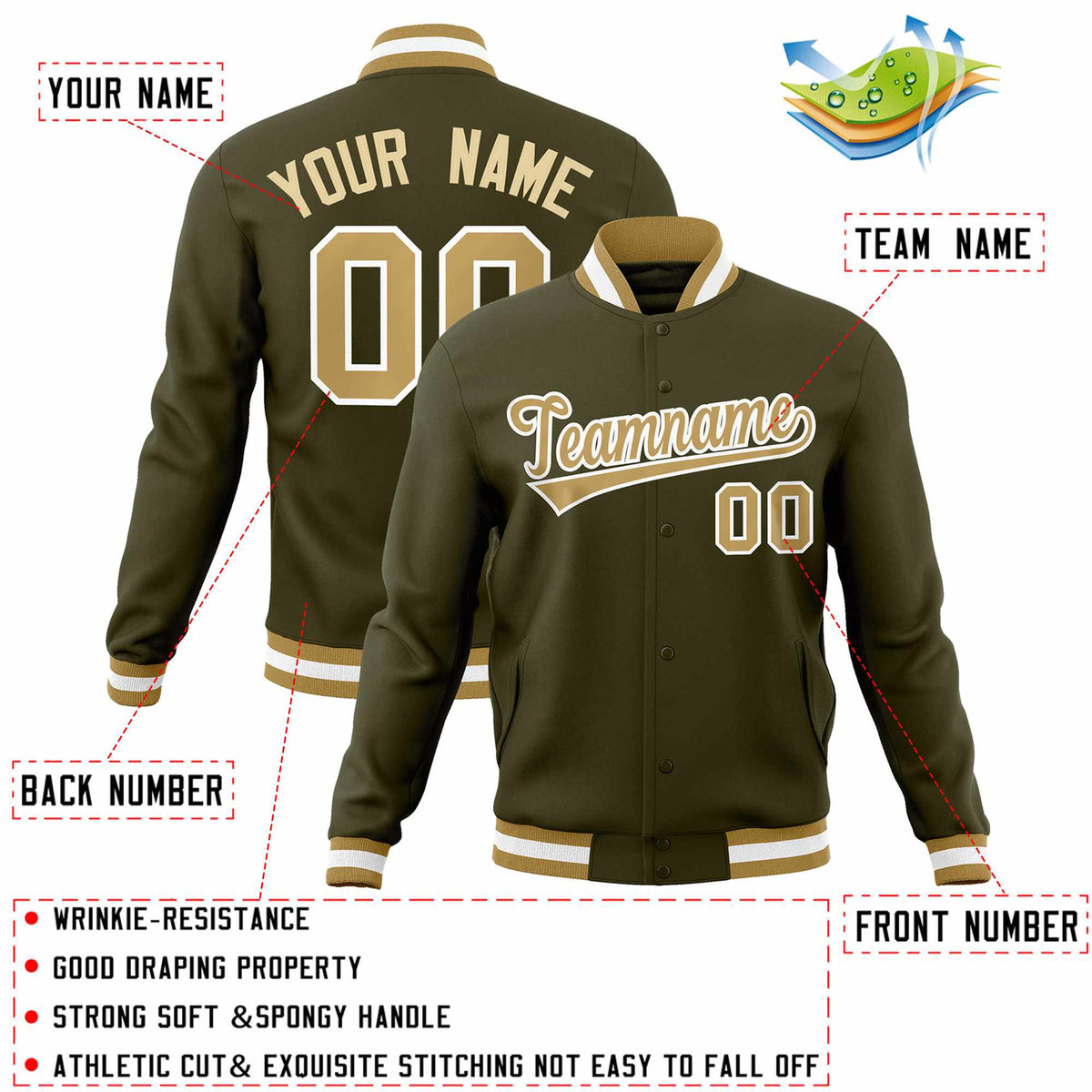 Custom Olive Old Gold-White Classic Style Varsity Full-Snap Letterman Jacket