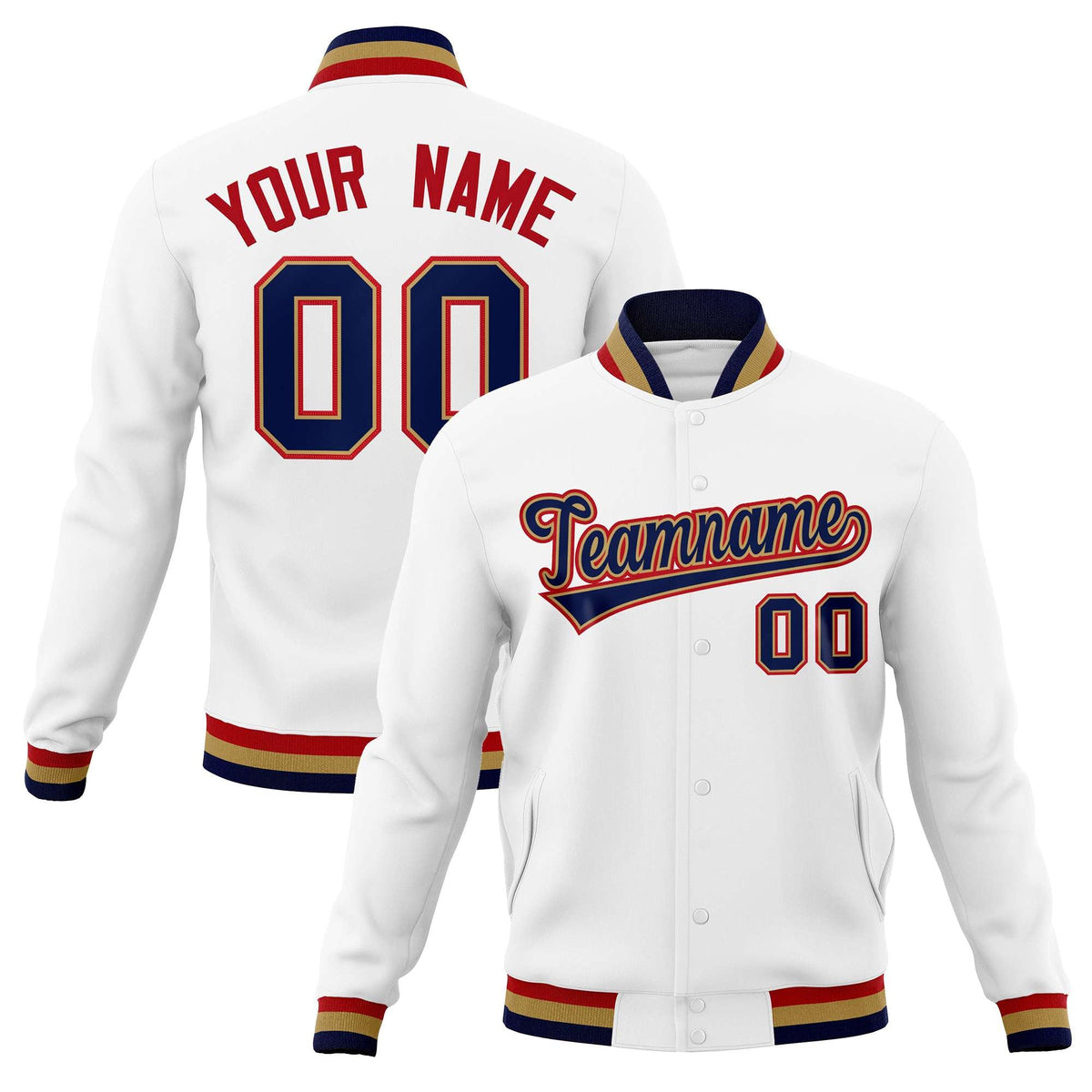 Custom White Navy-Red Classic Style Varsity Full-Snap Letterman Jacket