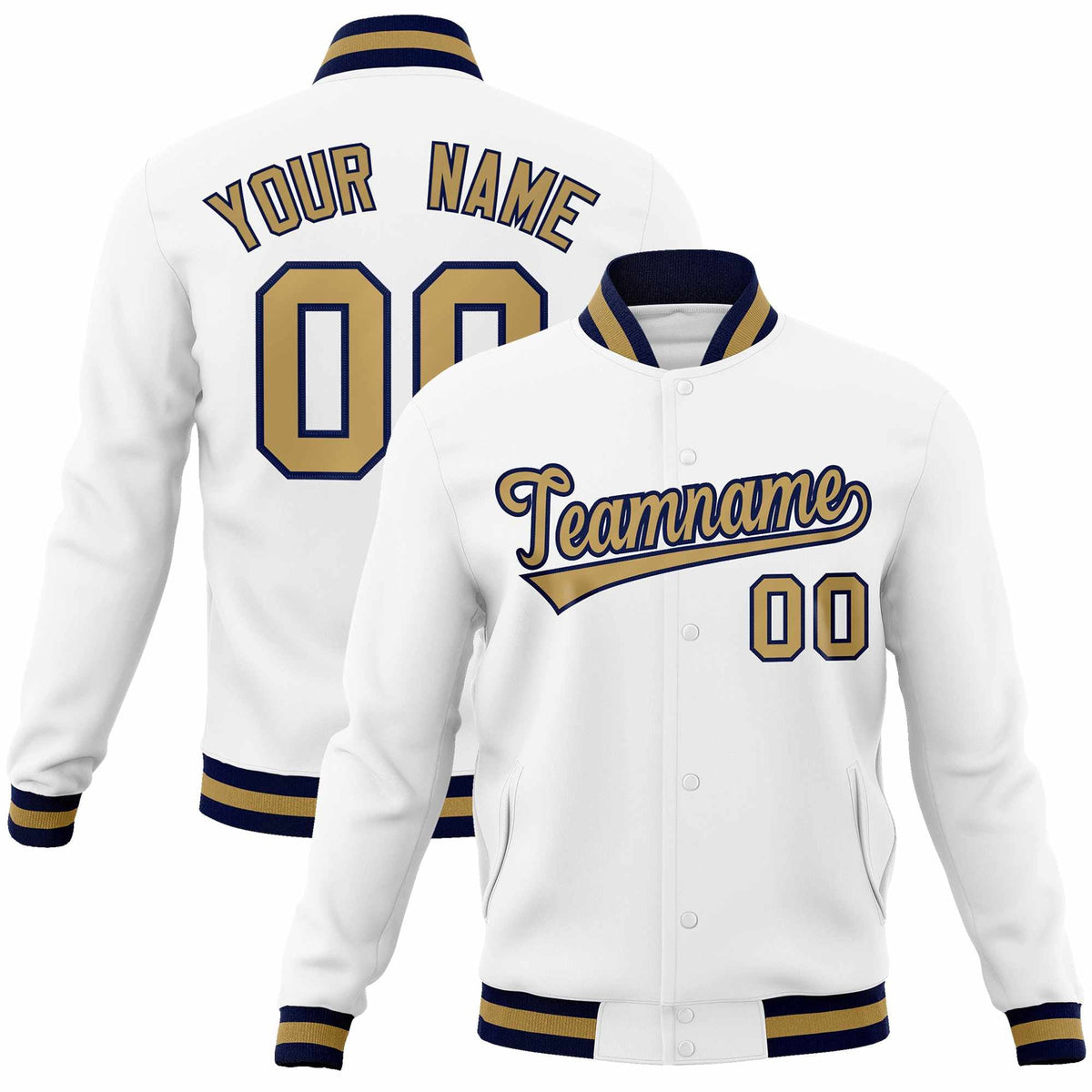 Custom White Old Gold-Navy Classic Style Varsity Full-Snap Letterman Jacket