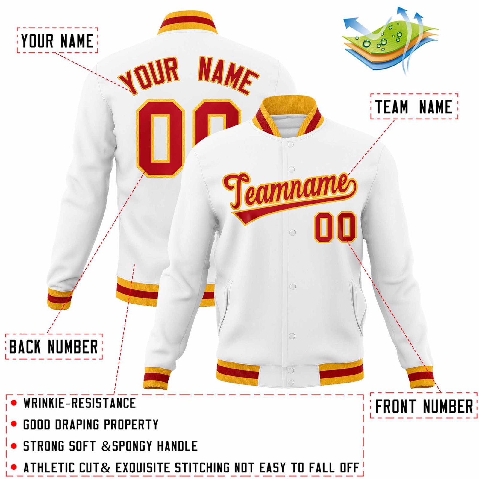 Custom White Red-Gold Classic Style Varsity Full-Snap Letterman Jacket