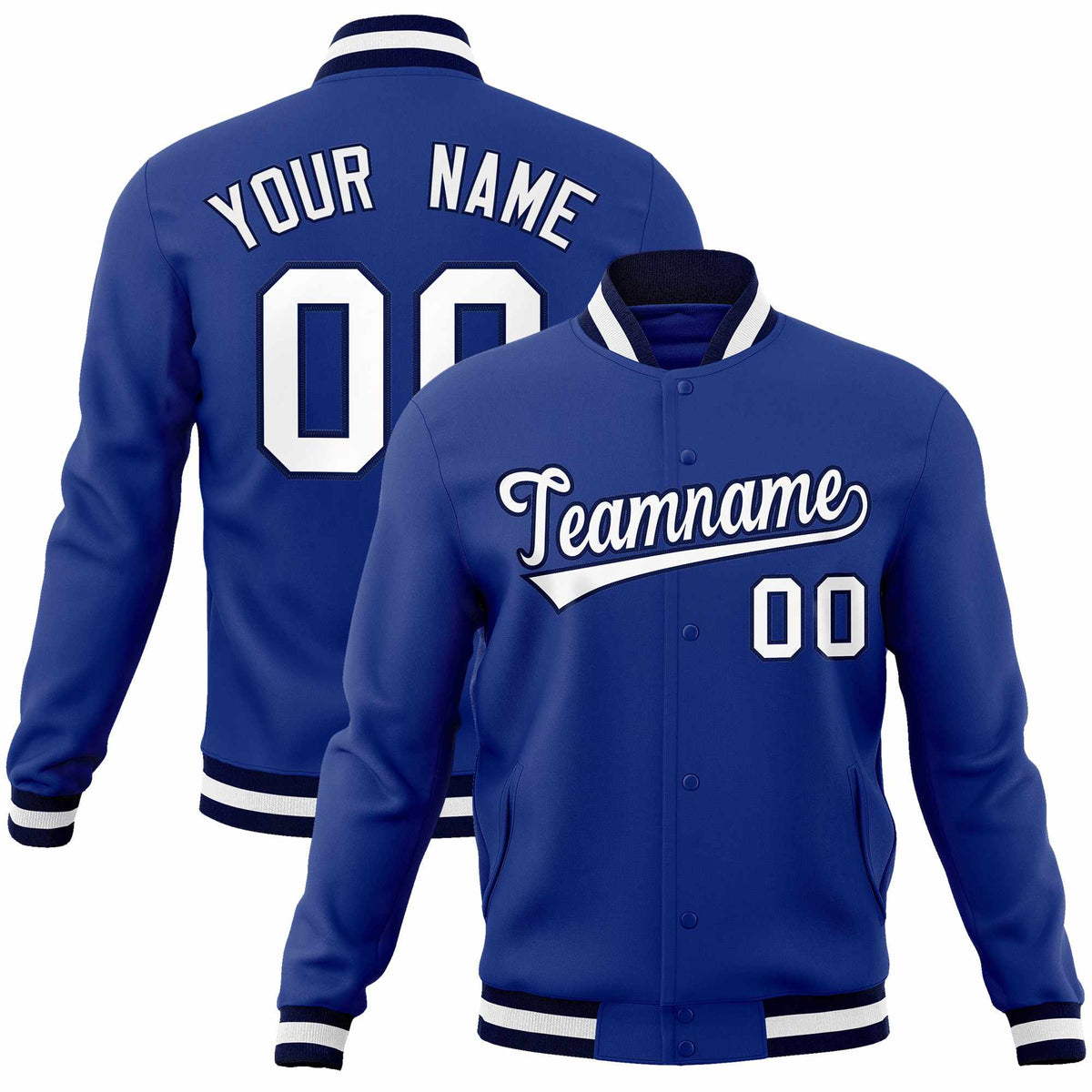 Custom Royal White-Navy Classic Style Varsity Full-Snap Letterman Jacket
