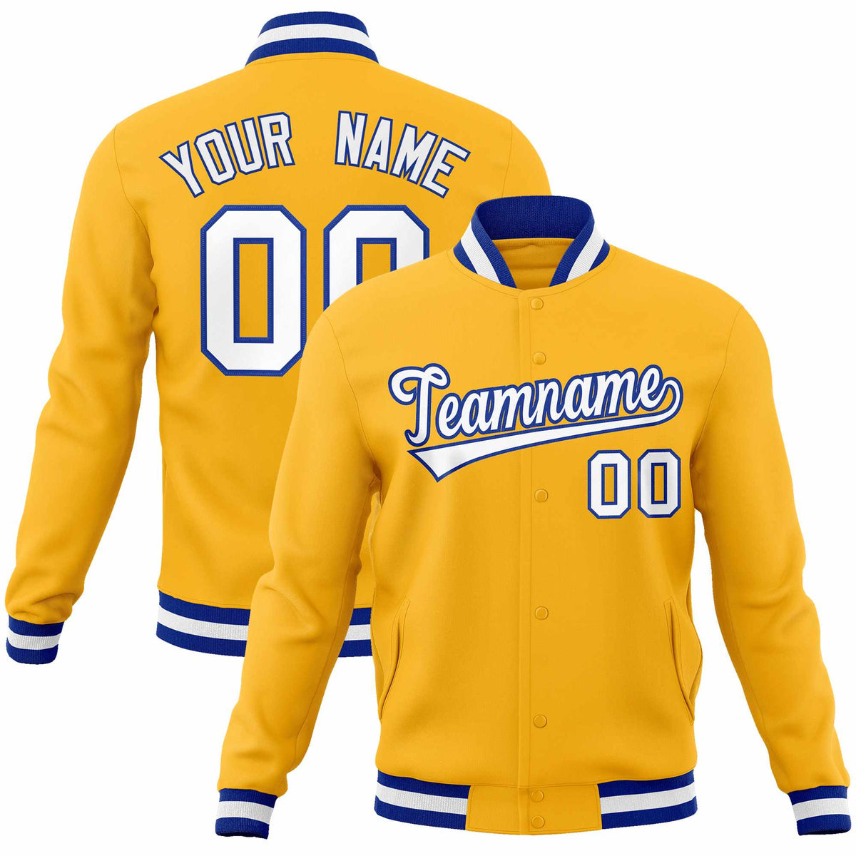 Custom Gold White-Royal Classic Style Varsity Full-Snap Letterman Jacket