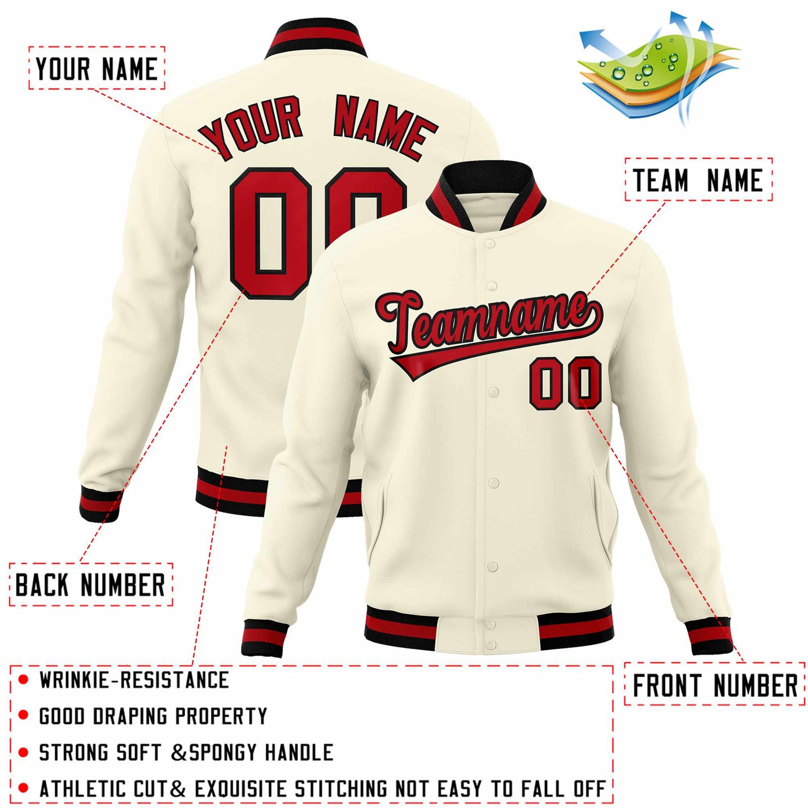 Custom Khaki Red-Black Classic Style Varsity Full-Snap Letterman Jacket