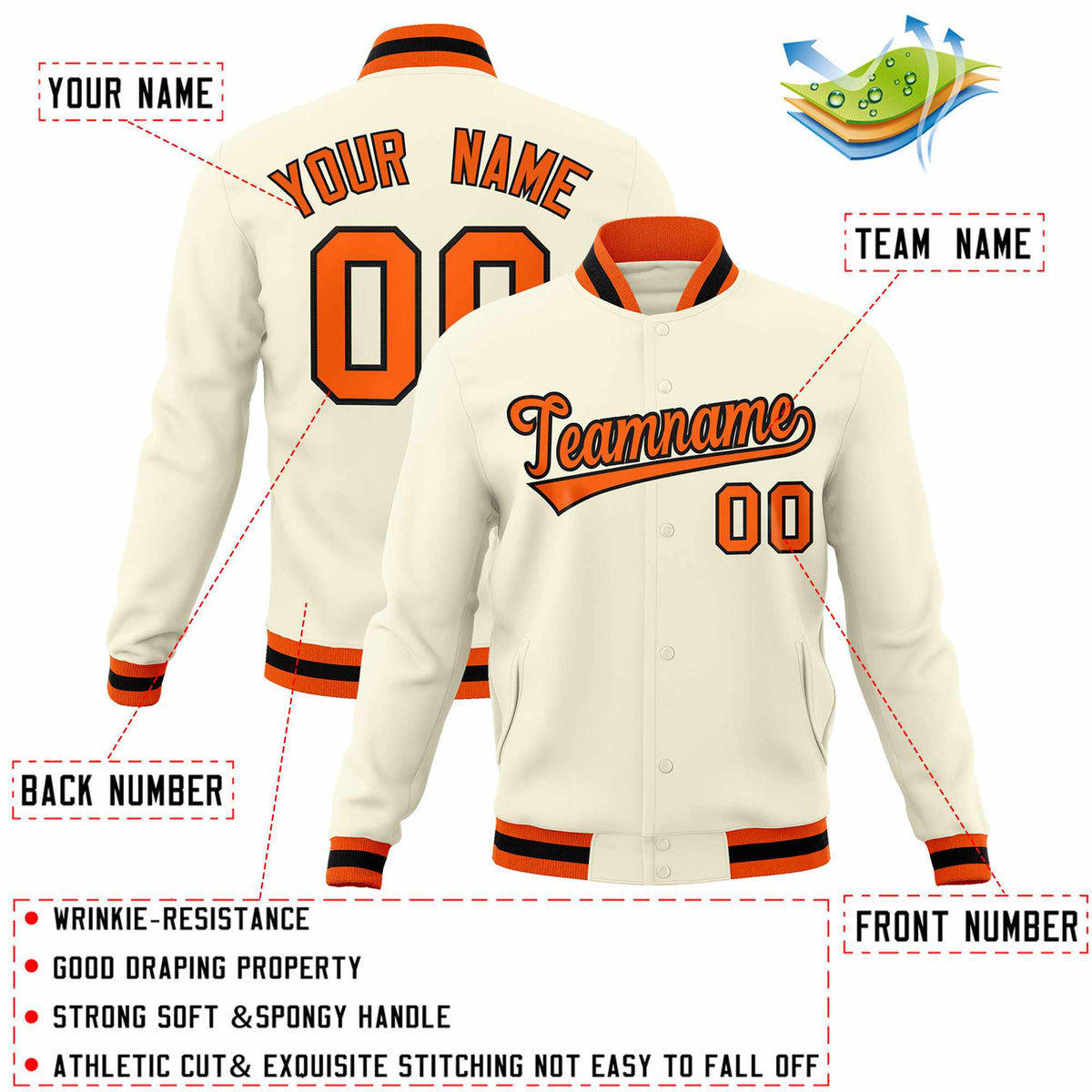Custom Khaki Orange-Black Classic Style Varsity Full-Snap Letterman Jacket