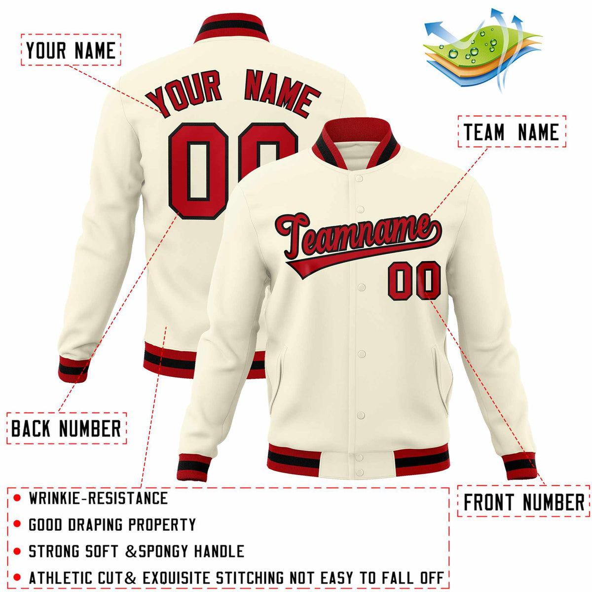 Custom Khaki Red-Black Classic Style Varsity Full-Snap Letterman Jacket