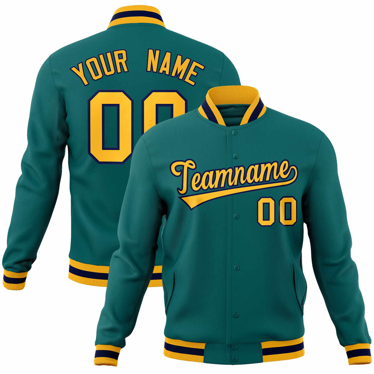 Custom Aqua Gold-Navy Classic Style Varsity Full-Snap Letterman Jacket
