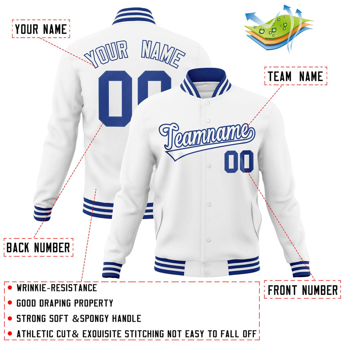 Custom White White-Royal Classic Style Varsity Full-Snap Letterman Jacket