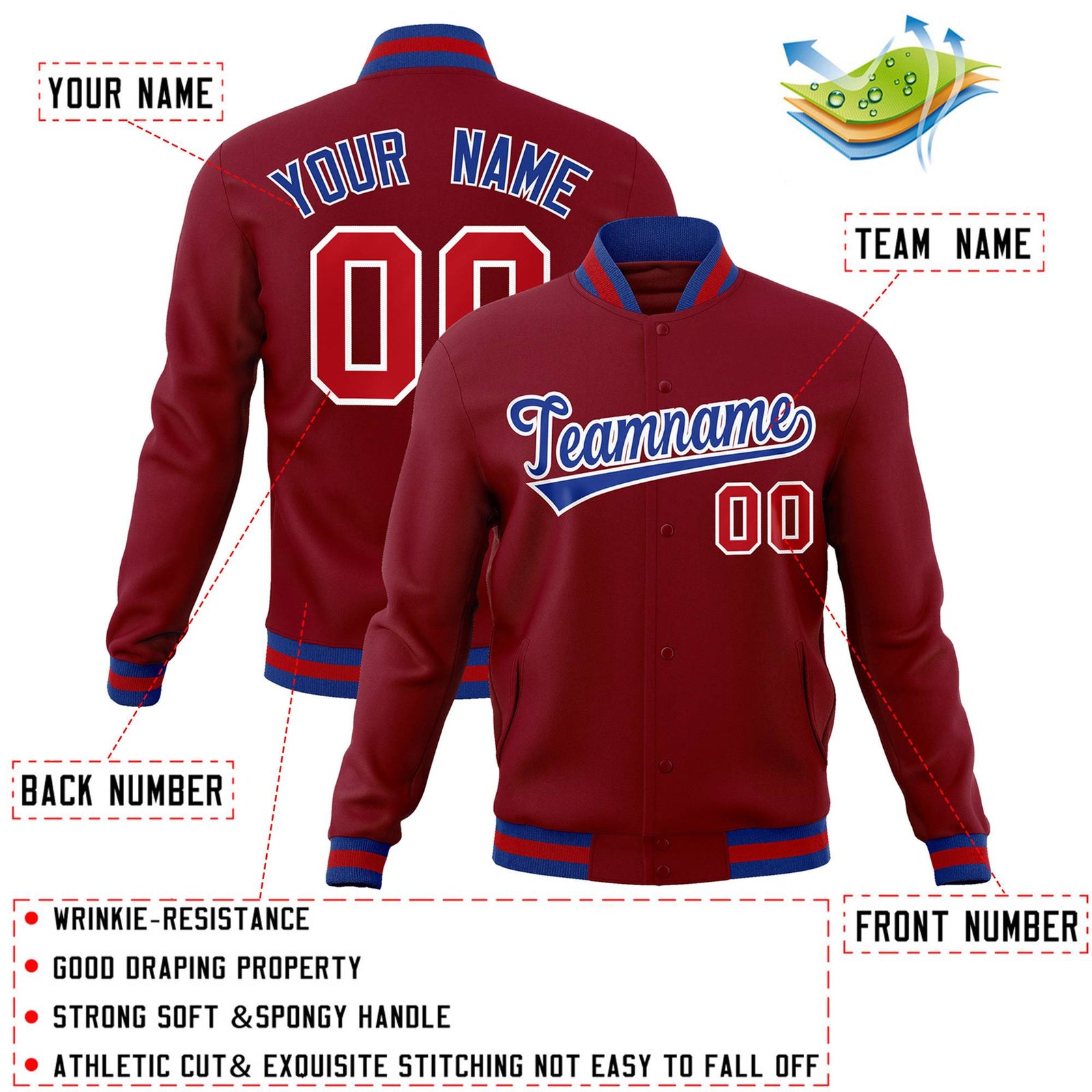 Custom Crimson Royal-White Classic Style Varsity Full-Snap Letterman Jacket
