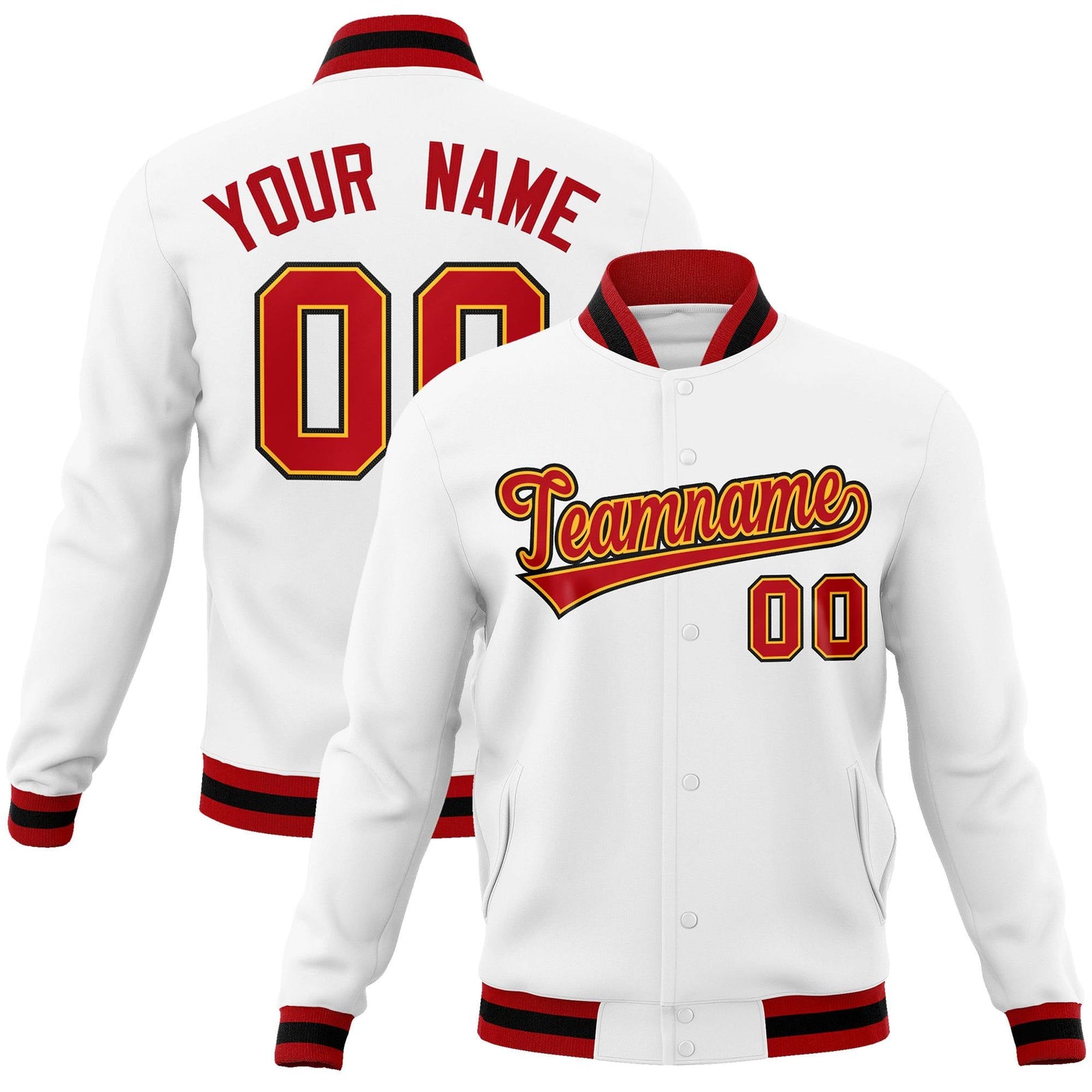 Custom White Red-Yellow Classic Style Varsity Full-Snap Letterman Jacket
