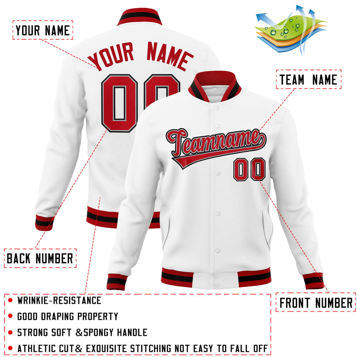 Custom White Red-Gray Classic Style Varsity Full-Snap Letterman Jacket