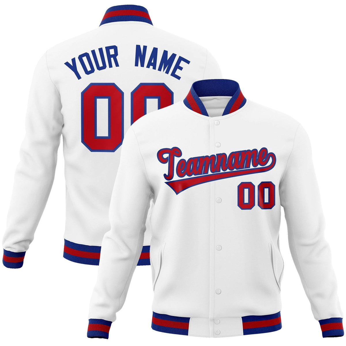 Custom White Red-Royal Classic Style Varsity Full-Snap Letterman Jacket