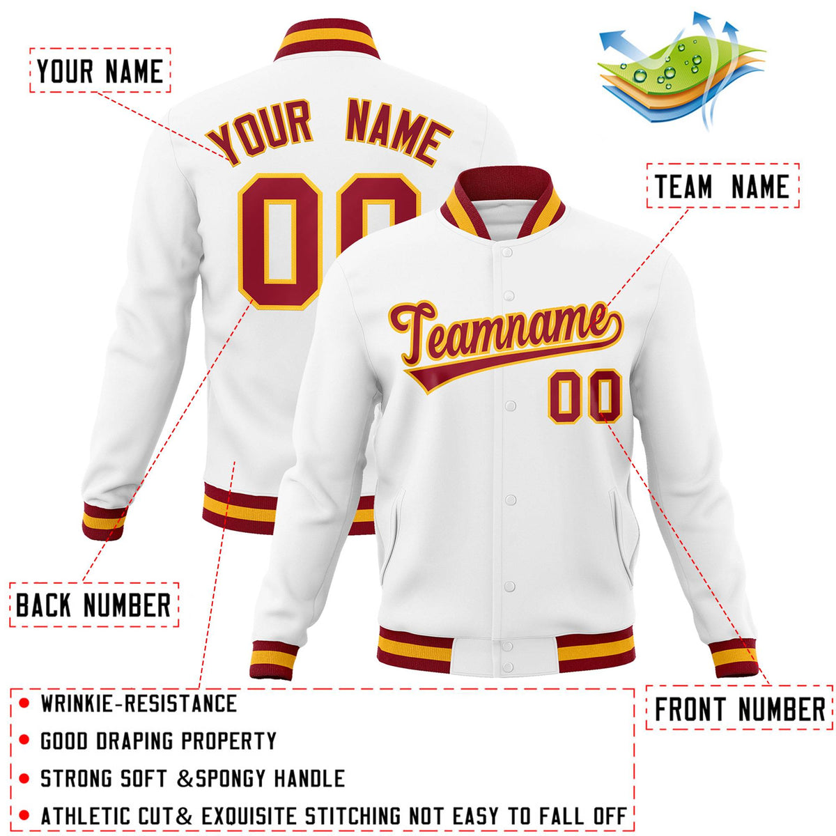 Custom White Crimson-Gold Classic Style Varsity Full-Snap Letterman Jacket