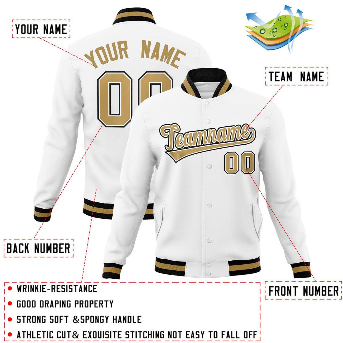 Custom White Old Gold-White Classic Style Varsity Full-Snap Letterman Jacket