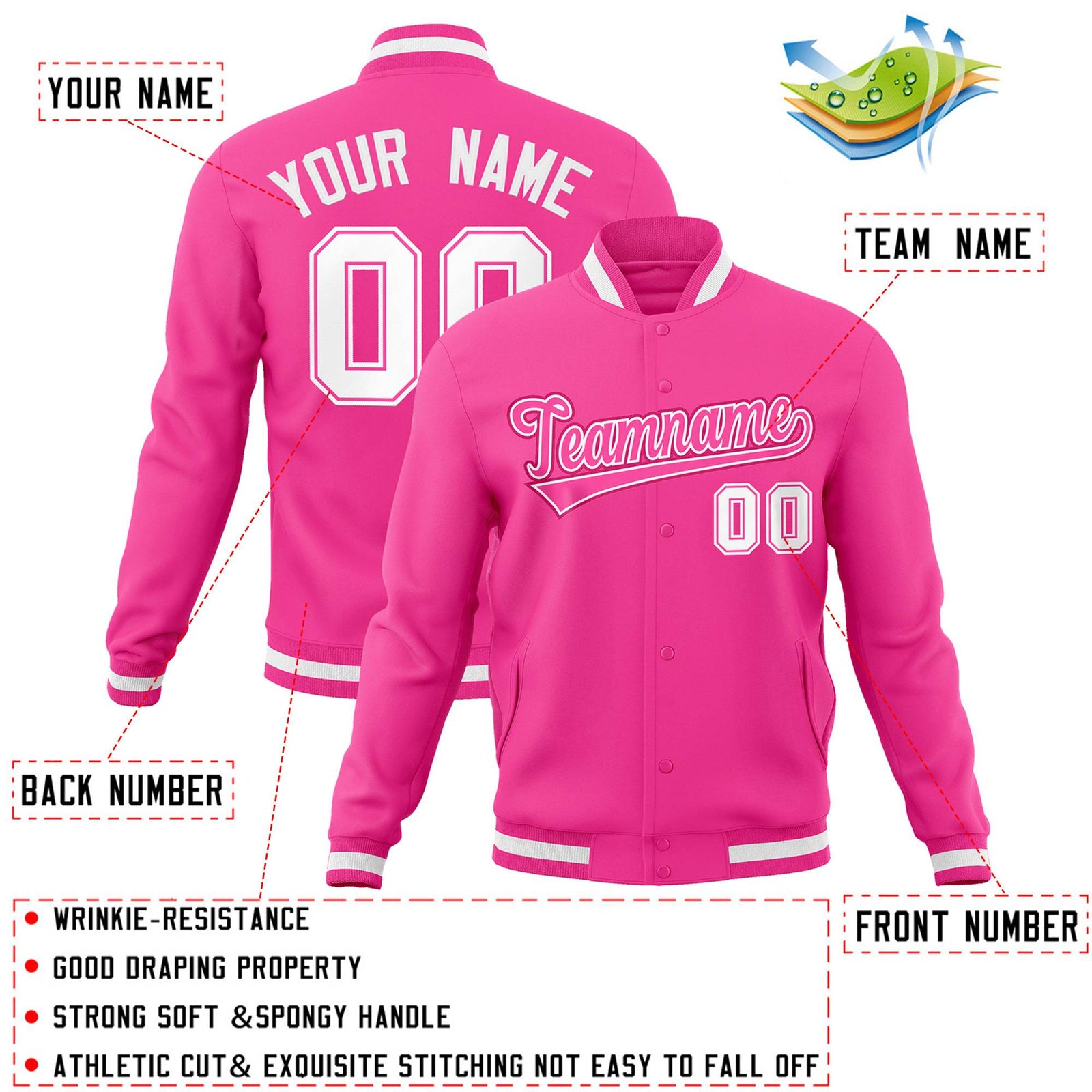 Custom Pink Pink-White Classic Style Varsity Full-Snap Letterman Jacket