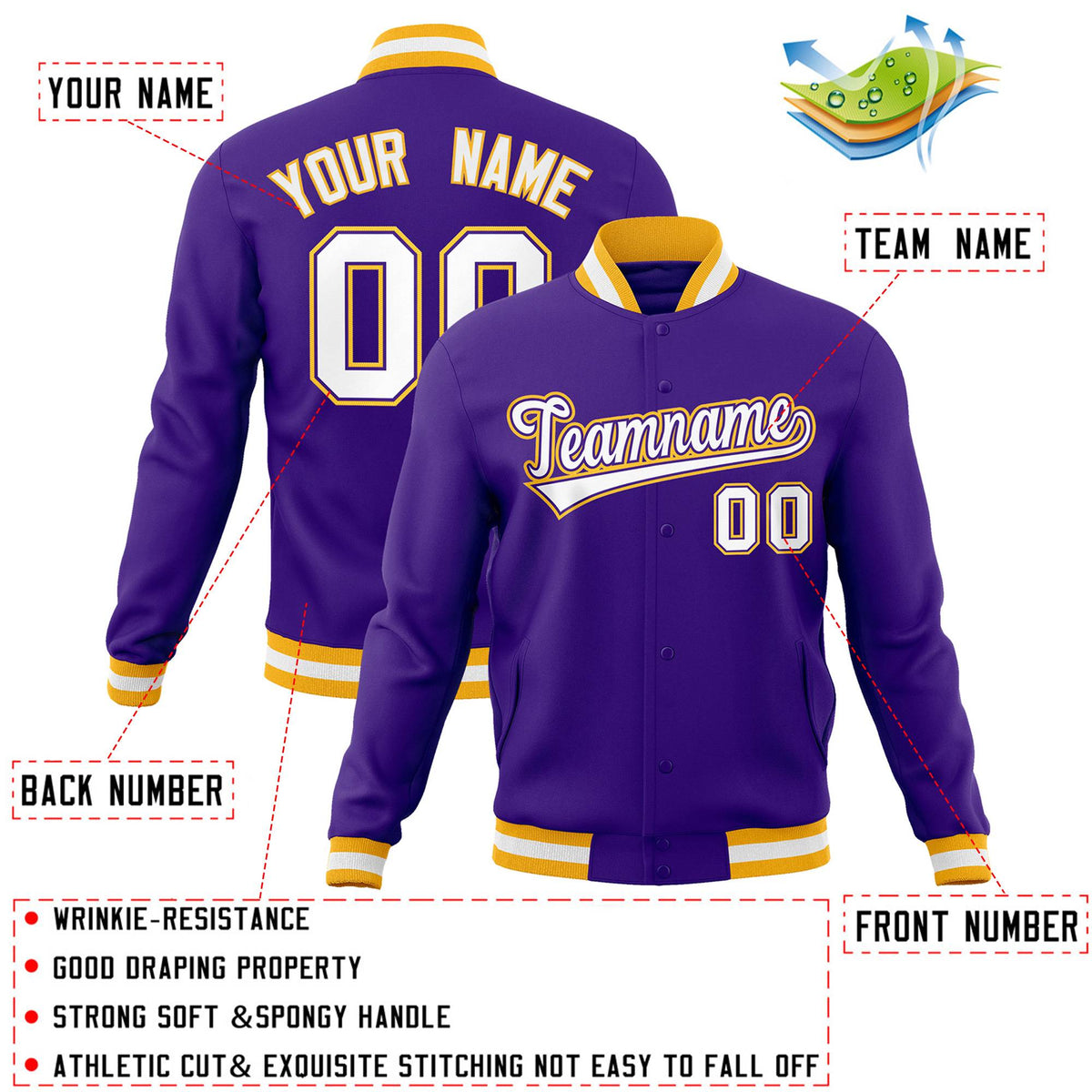 Custom Purple White-Purple Classic Style Varsity Full-Snap Letterman Jacket