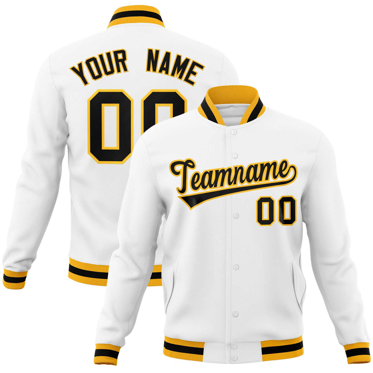 Custom White Black-Gold Classic Style Varsity Full-Snap Letterman Jacket