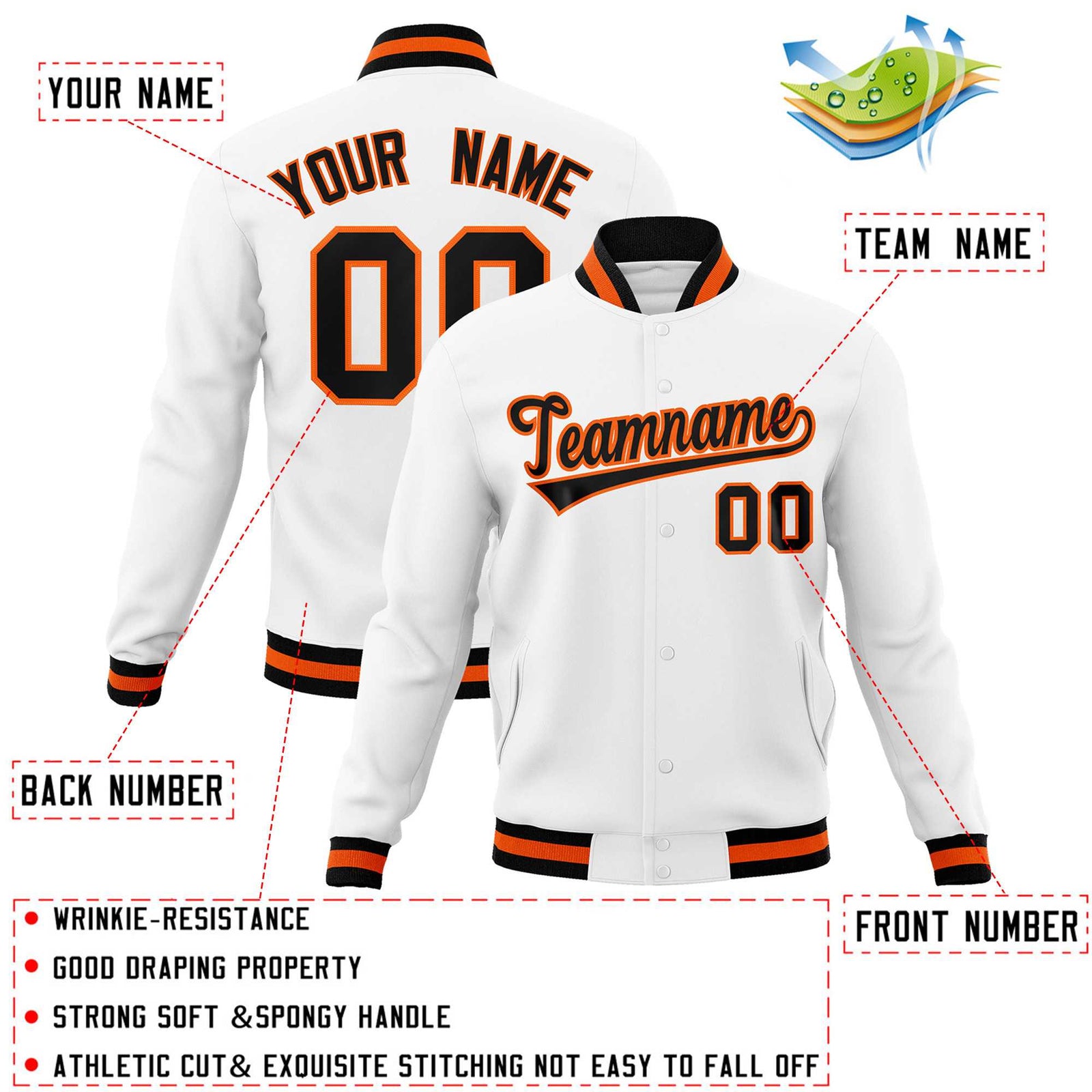 Custom White Black-Orange Classic Style Varsity Full-Snap Letterman Jacket