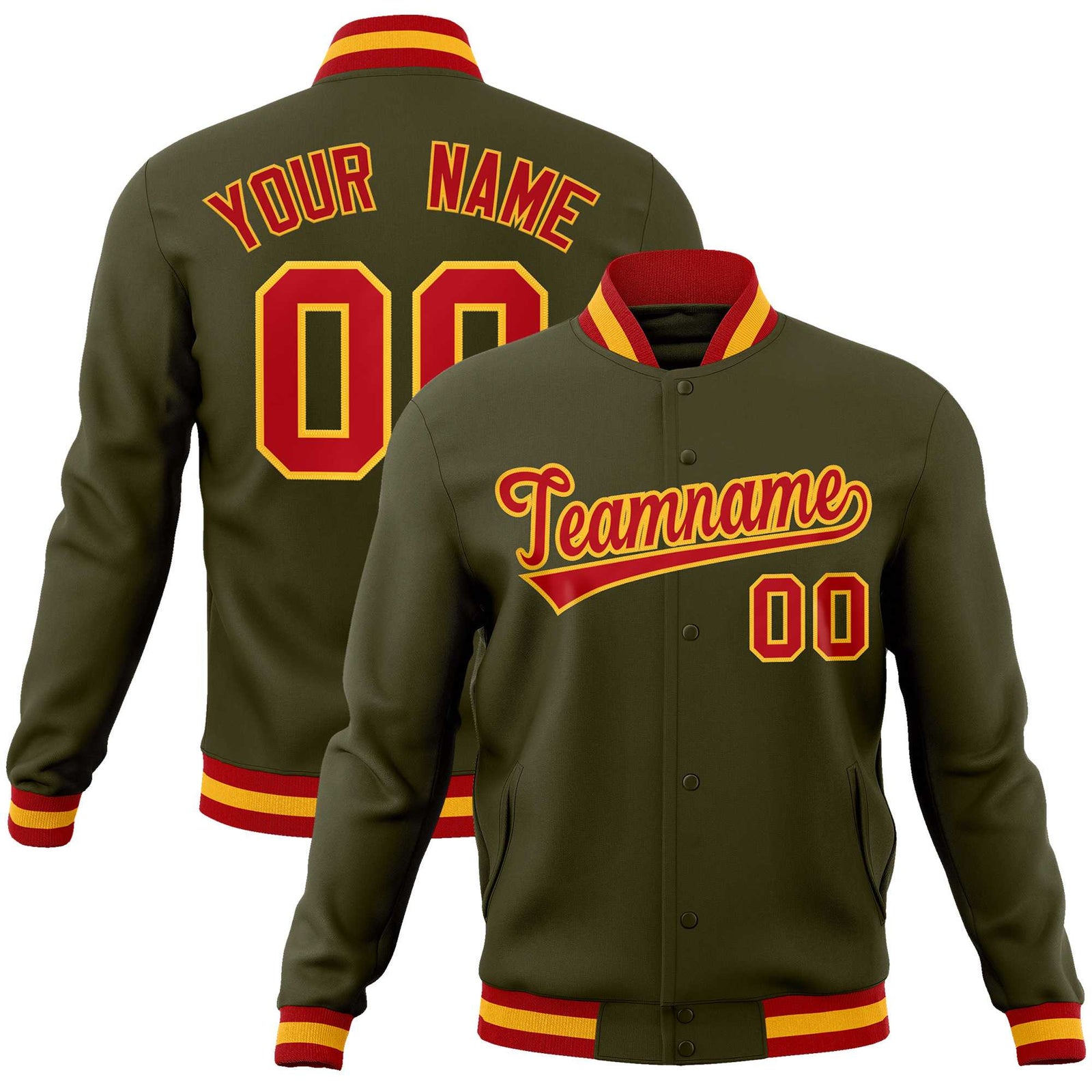 Custom Olive Red-Gold Classic Style Varsity Full-Snap Letterman Jacket