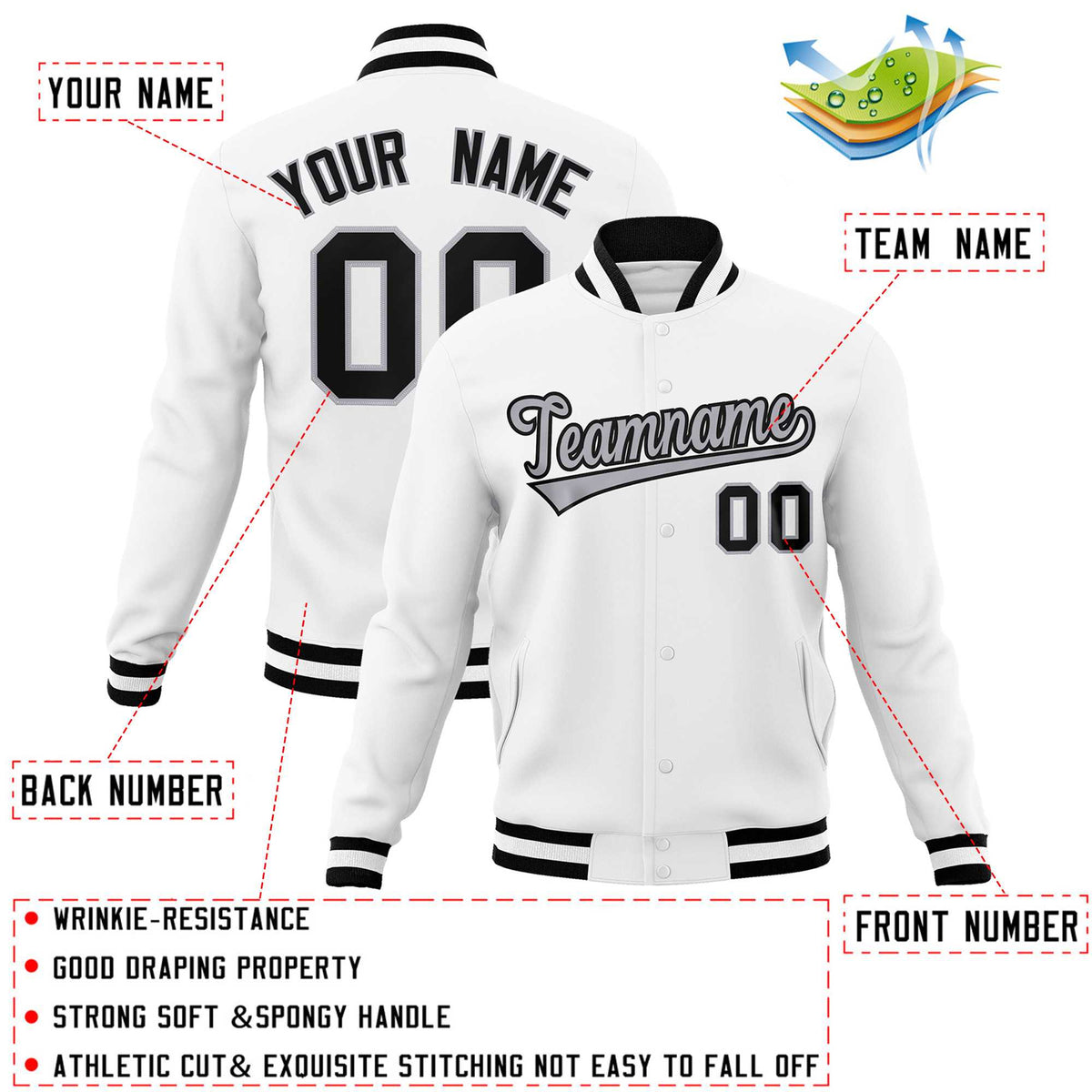 Custom White Gray-Black Classic Style Varsity Full-Snap Letterman Jacket