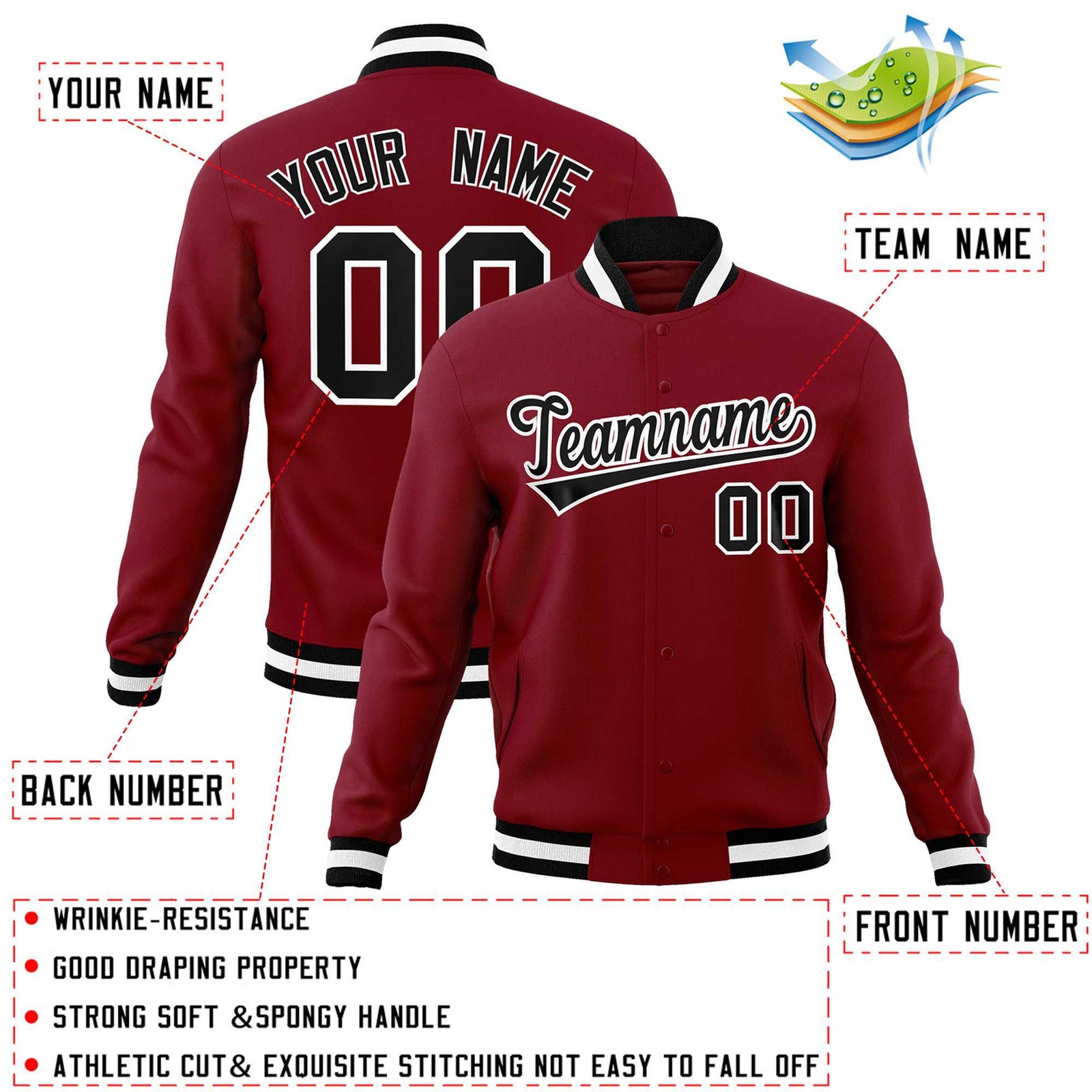 Custom Crimson Black-White Classic Style Varsity Full-Snap Letterman Jacket